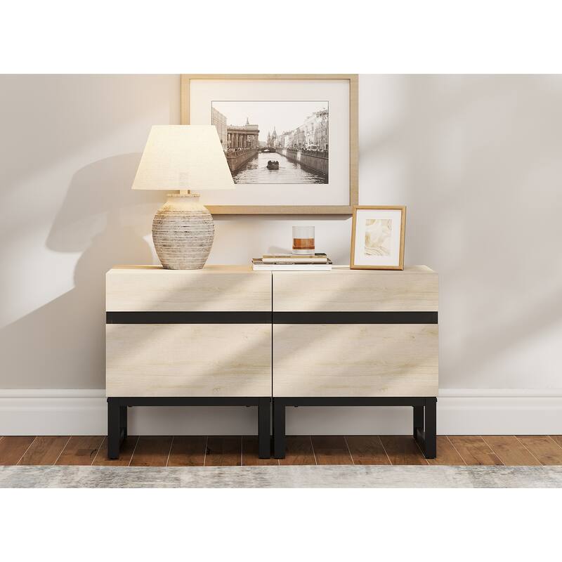 WAMPAT Modern Nightstand with 2 Drawers, Farmhouse BedsideTable with Black Square Iron Leg, Wood Rustic Side End Table