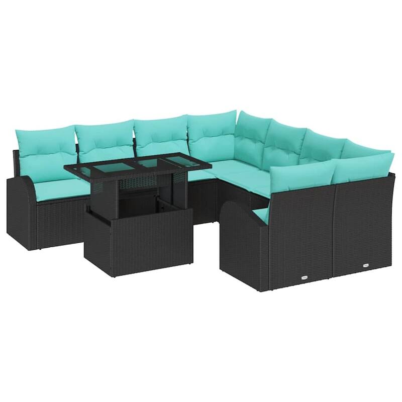 vidaXL 9 Piece Garden Sofa Set with Cushions Black Poly Rattan - 92.1×92.1×27.2