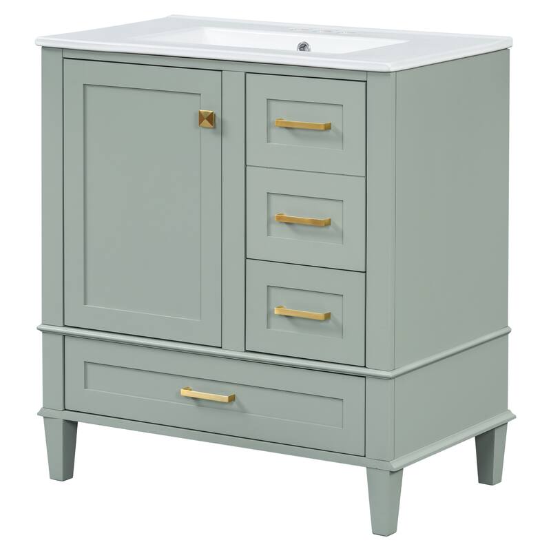 Single Sink Bathroom Vanity Cabinet, Vanity Base & Ceramic Sink Combo Set, 3 Drawers Bathroom Storage Cabinet, 30 Inch