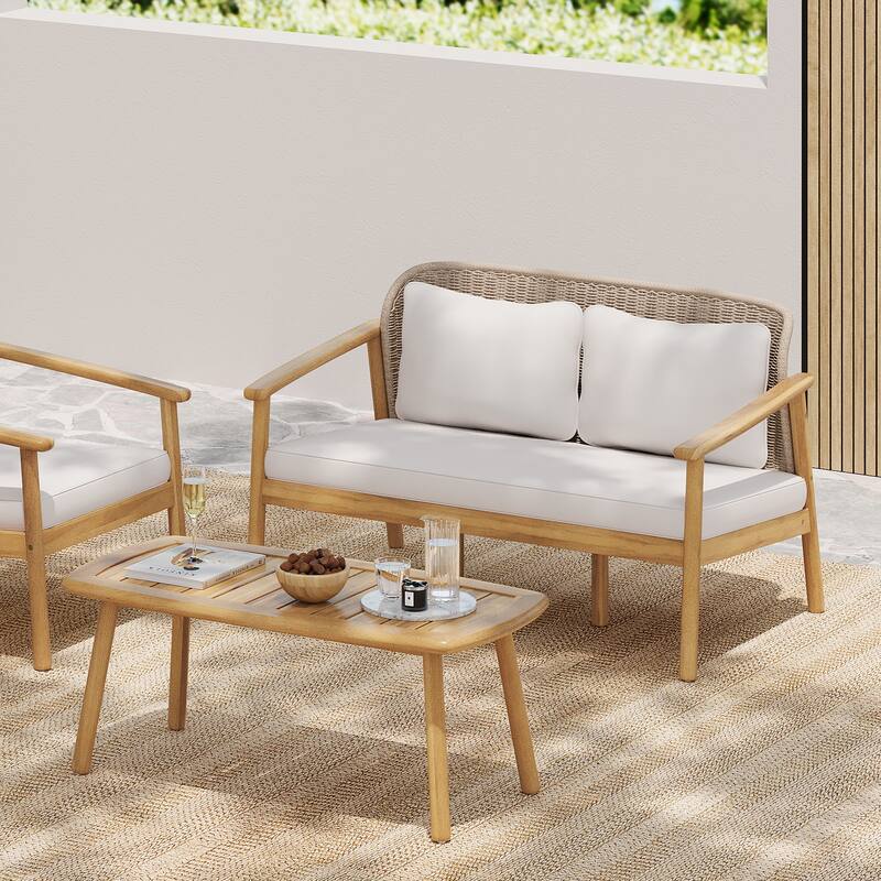 Christopher Knight Home - Camille 2-Piece Outdoor Acacia Wood Conversation Set with Woven Rope Backrest & Coffee Table - Light Teak + Mix Brown + Beige