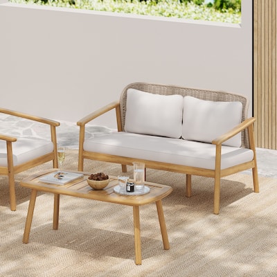 Christopher Knight Home - Camille 2-Piece Outdoor Acacia Wood Conversation Set with Woven Rope Backrest & Coffee Table