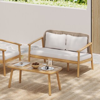 Christopher Knight Home - Camille 2-Piece Outdoor Acacia Wood Conversation Set with Woven Rope Backrest & Coffee Table