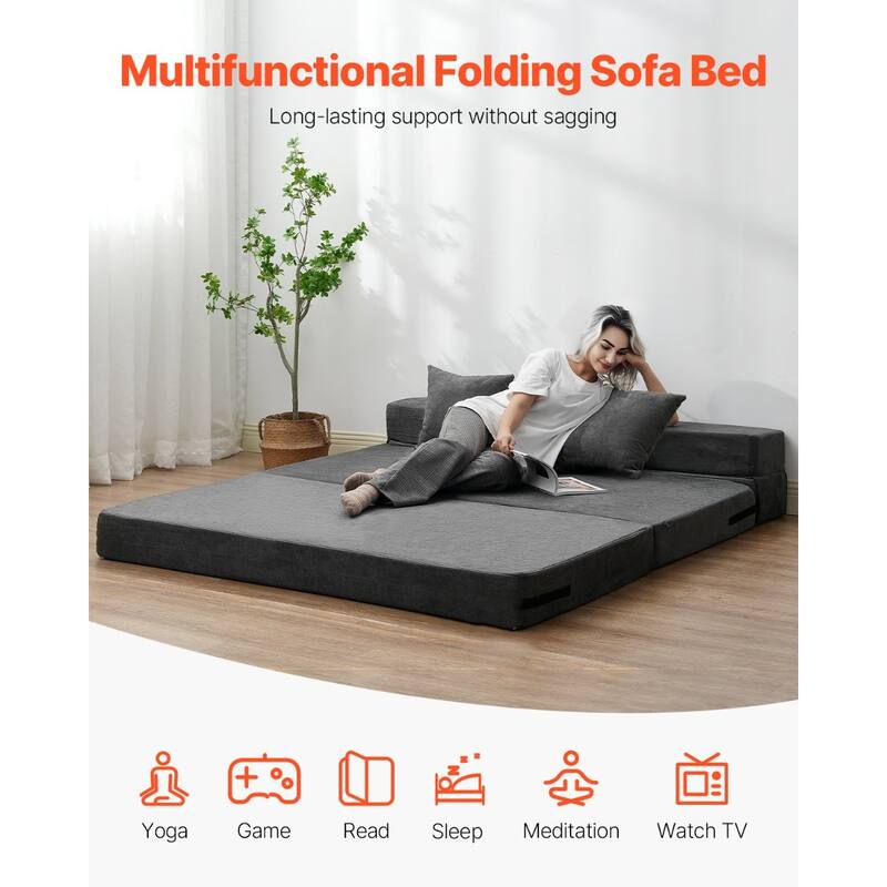 Foam Folding Sofa Bed with Ergonomic Support and Throw Pillows - 81.1” L x 60.83” W x 5.91” H
