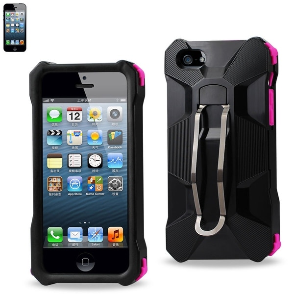 REIKO IPHONE SE/ 5S/ 5 HYBRID HEAVY DUTY HOLSTER CASE WITH METAL CLIP IN HOT PINK BLACK