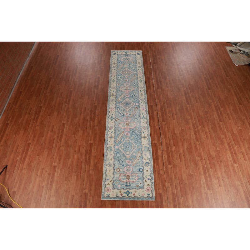 Hand Knotted Oriental 100% Wool Carpet Transitional Geometric Navy Blue & Blues Oushak Runner Rug - 14' 1'' X 3' 2''