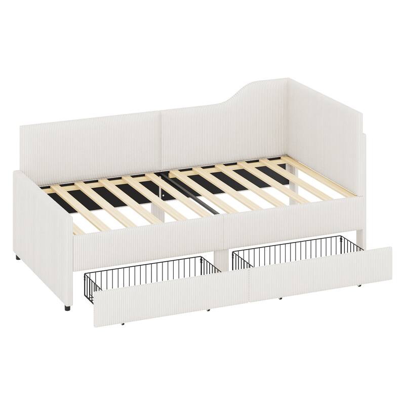 L-Shaped Twin Daybed with Storage Drawers, Corduroy Upholstery, Beige