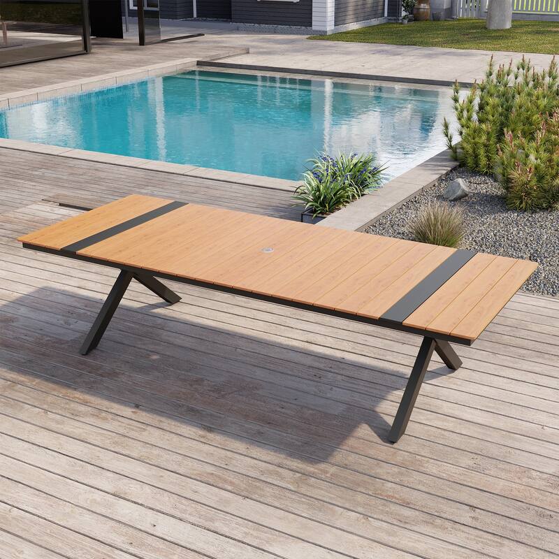 Outdoor Aluminum Dining Table Rectangular Table with Umbrella Hole for 10-12 Person