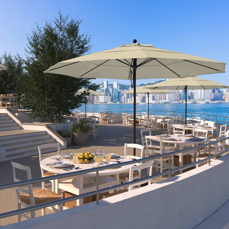 California Umbrella 11' Venture Series Patio Umbrella, Bronze Aluminum Pole Fiberglass Ribs Pulley Lift, Pacifica Pacific Blue - Beige