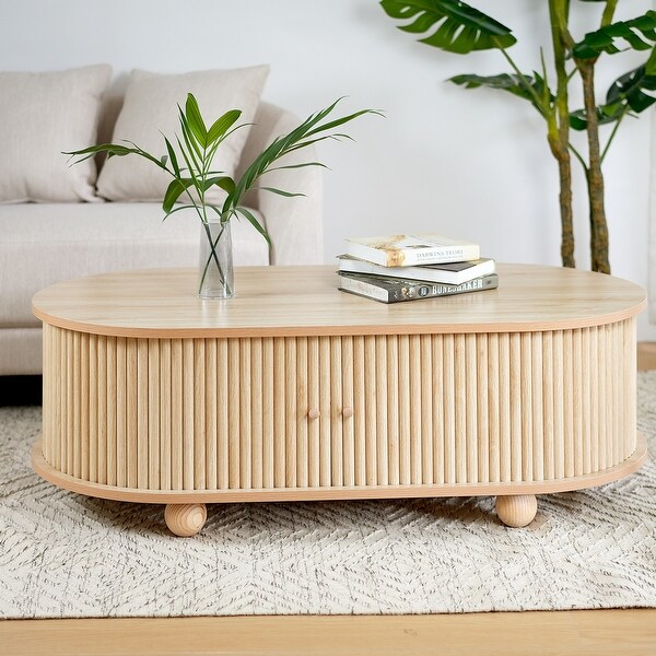 Natural Wood Grain Long Oval Coffee Table Storage Center Table