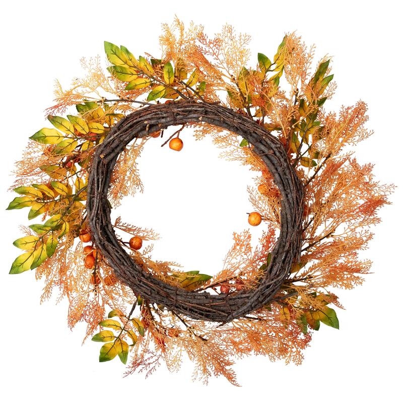 Yellow Orange Berry Leaves Fall Harvest Artificial Wreath 24-Inch