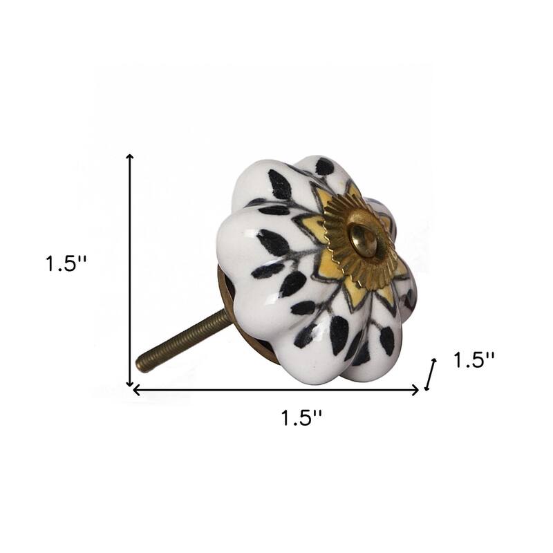 Set of 12 Round Ceramic Drawer Knobs Blue Yellow with Gold Finish and Back-plate Included - 1.5” x 1.5” x 1.5”