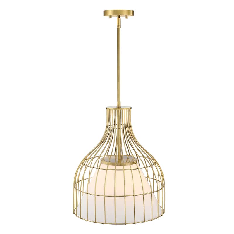 Evensong 60 Watt 1-Light Brushed Gold Bell Pendant with Etched Opal Glass Shade and Metal Outer Cage - 18.75
