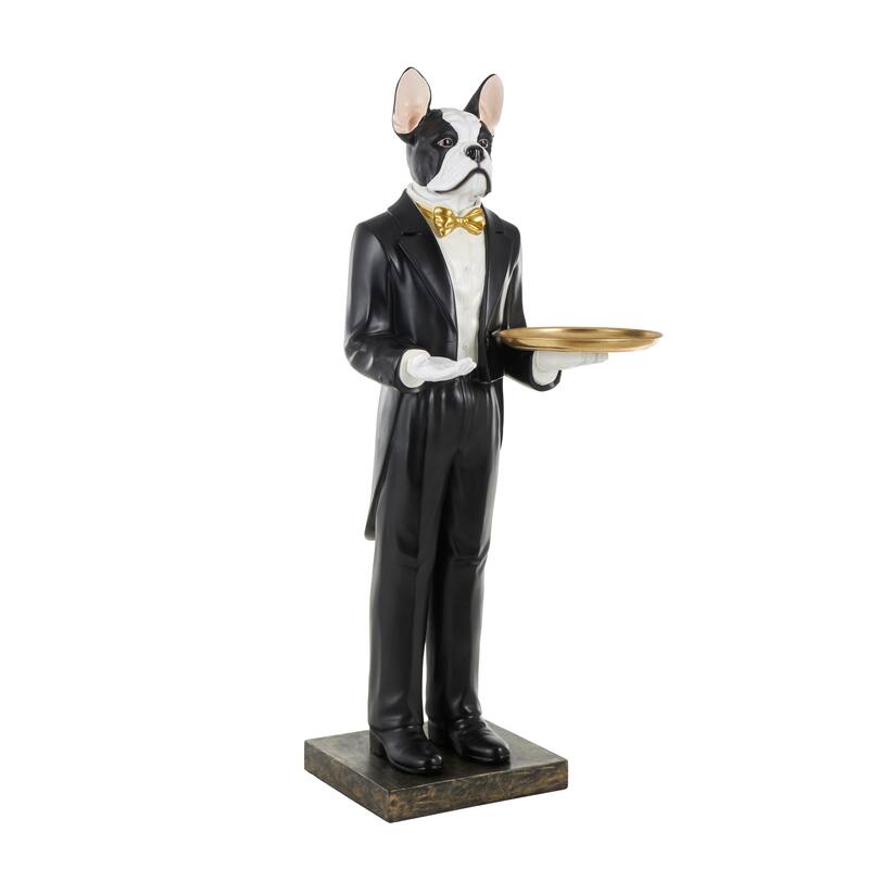 White Resin Floor Waiter Dog Decorative Sculpture with Gold Bow Tie and Plate - 26"W x 26"L x 64"H