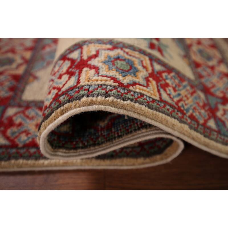 Geometric Kazak Foyer Rug Hand-Knotted Beige Wool Carpet - 1'11" x 2'11"