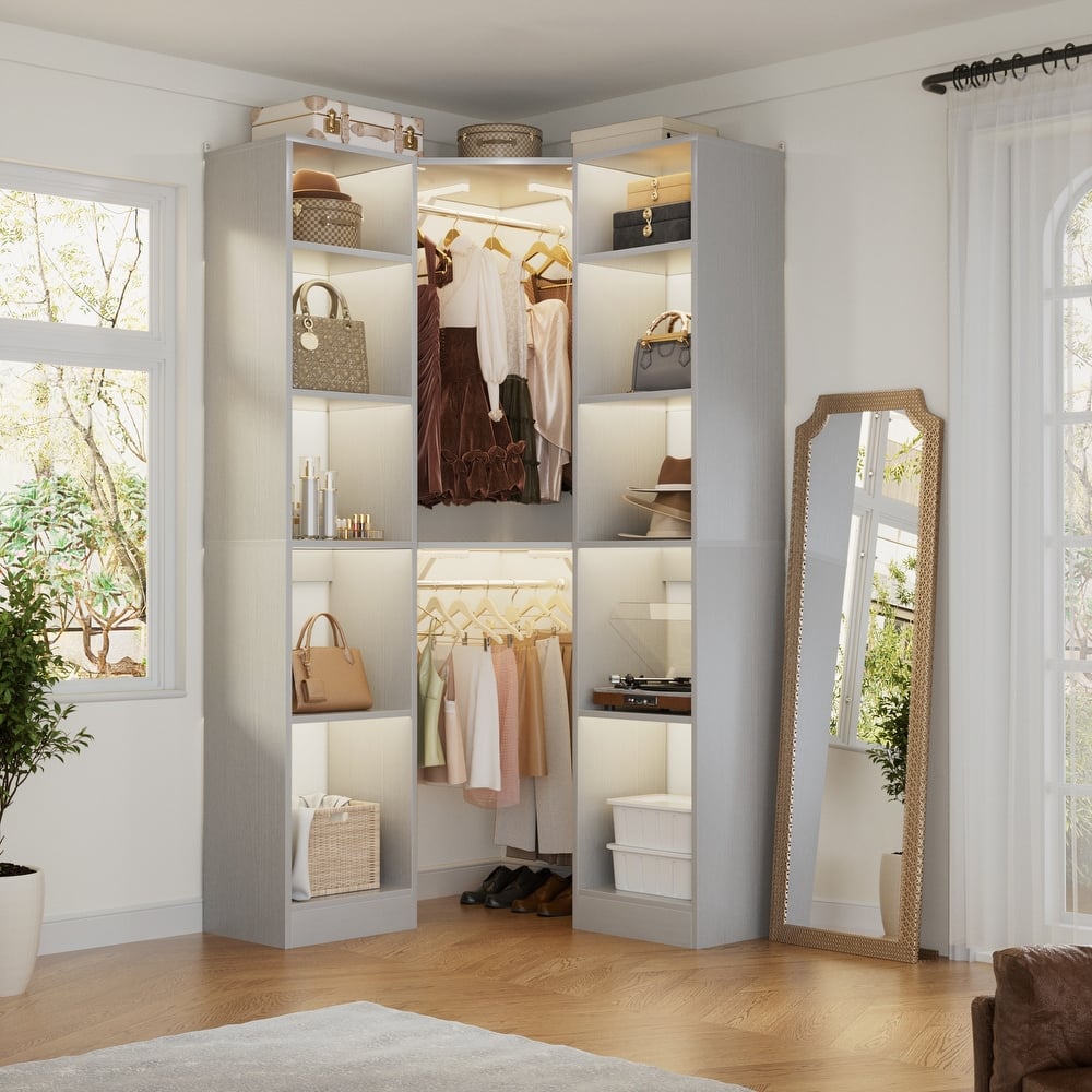 Kyrvo Corner Closet System with 12 Shelves and 2 Hanging Rods, 40"W x 80"H Freestanding Walk-in Closet Organizer System