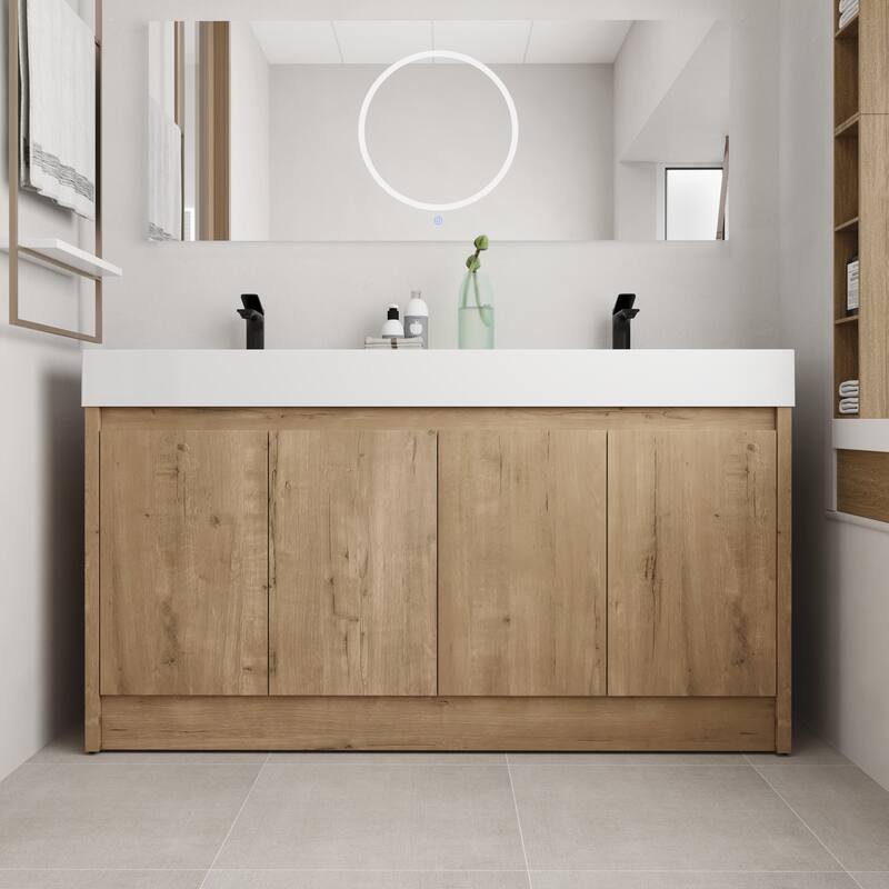 BNK 24/30/48/60 inch Freestanding Resin Sink Bathroom Vanity with Soft Close Door and Adjustable Shelf - 59.1''W×18.1''D×35''H - Imitative Oak