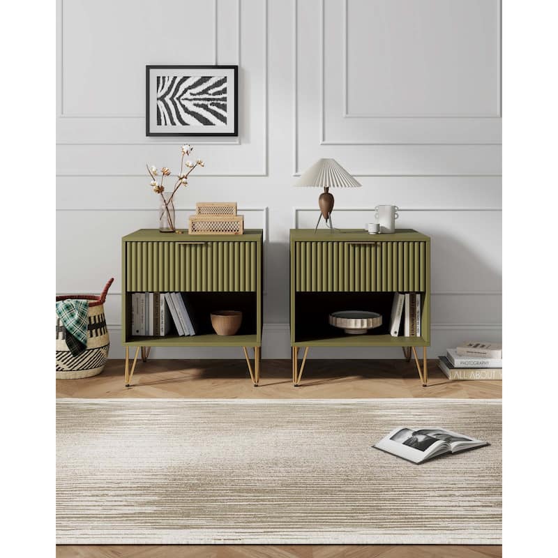 Manhattan Comfort Dumbo 1.0 Mid Century 1 Drawer Nightstand Set of 2 - Olive Green