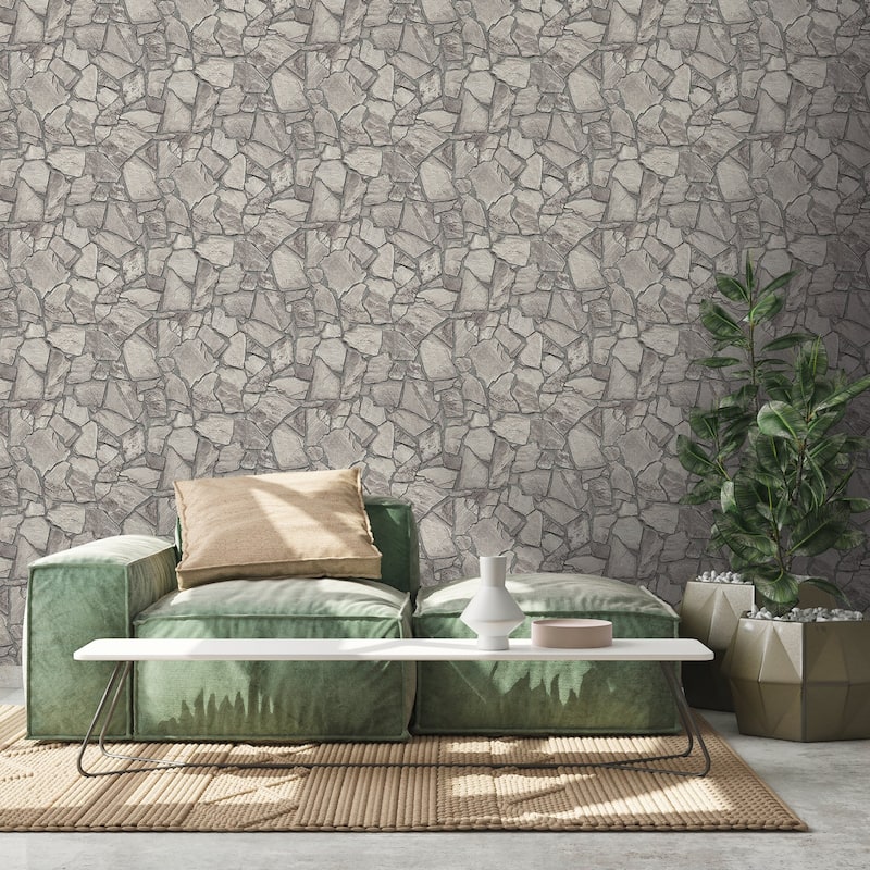 Galerie Wallcoverings Bricks and More Collection Slate Stone Wall Matte Finish Vinyl on Non-woven Wallpaper Roll