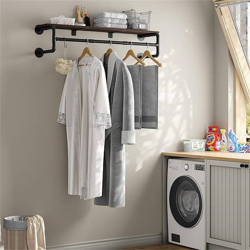 Industrial Pipe Clothes Rack with Top Shelf - 11.8"D x 43.3"W x 11.5"H