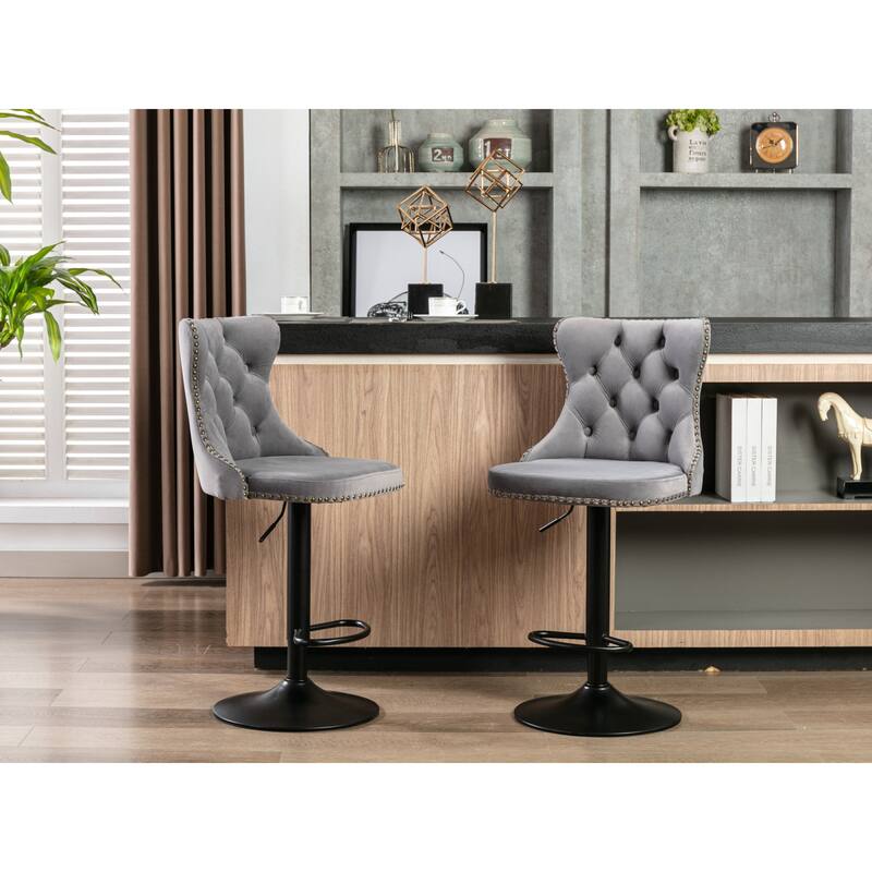 Roomfitters Upholstered Bar Stools Set of 2 with Adjustable Height and Nailhead Trim, Modern Swivel Counter Stools