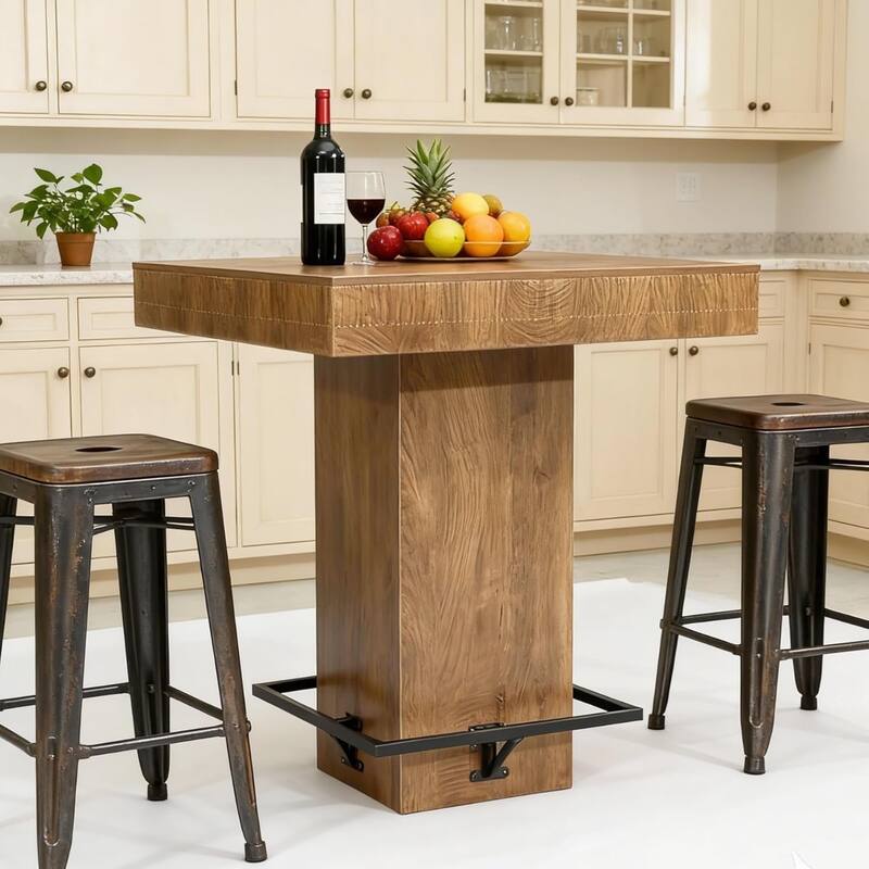 Square Bar Table, 37.4"H Wooden Bistro Pub Table with Metal Footrest for Small Bars, Kitchen Nook - Brown