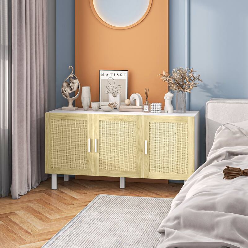 Sideboard Buffet Cabinet with 3-Rattan Doors, Adjustable Shelves & Elevated Base, Boho Kitchen Storage Cabinet, White & Natural