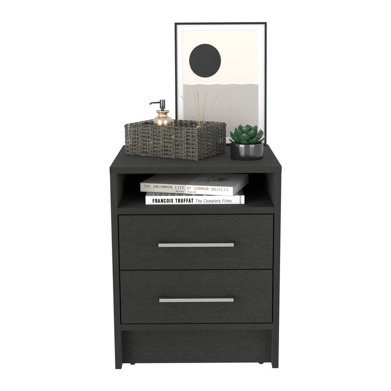Black Nightstand with 2 Drawers, 1 Shelf, and Modern Style
