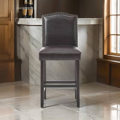 Counter Height Chair Set of 2, Nailhead Trim, Brown and Walnut Faux Leather