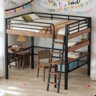 Metal Full Size Loft Bed with Built-in Desk, Storage Shelf, and Ladder, Black