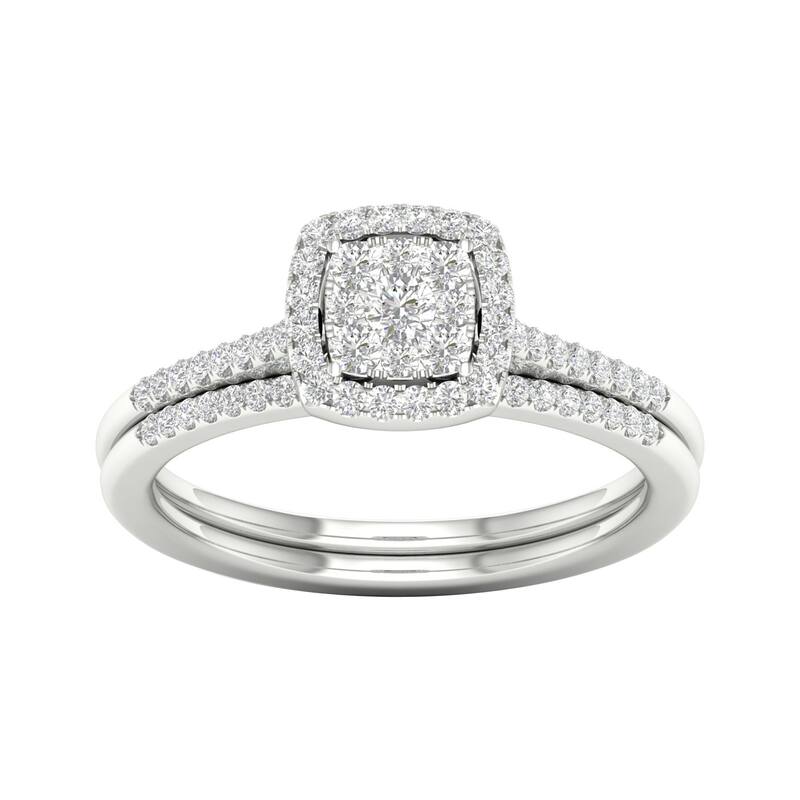 1/4ct TDW Diamond Cluster Halo Bridal Ring Set in Silver for Women