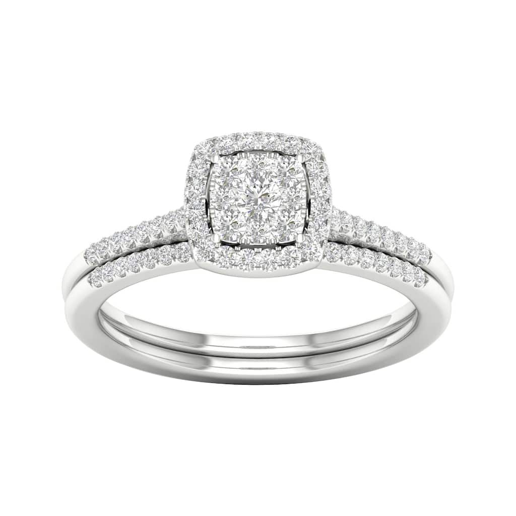 1/4ct TDW Diamond Cluster Halo Bridal Ring Set in Silver for Women