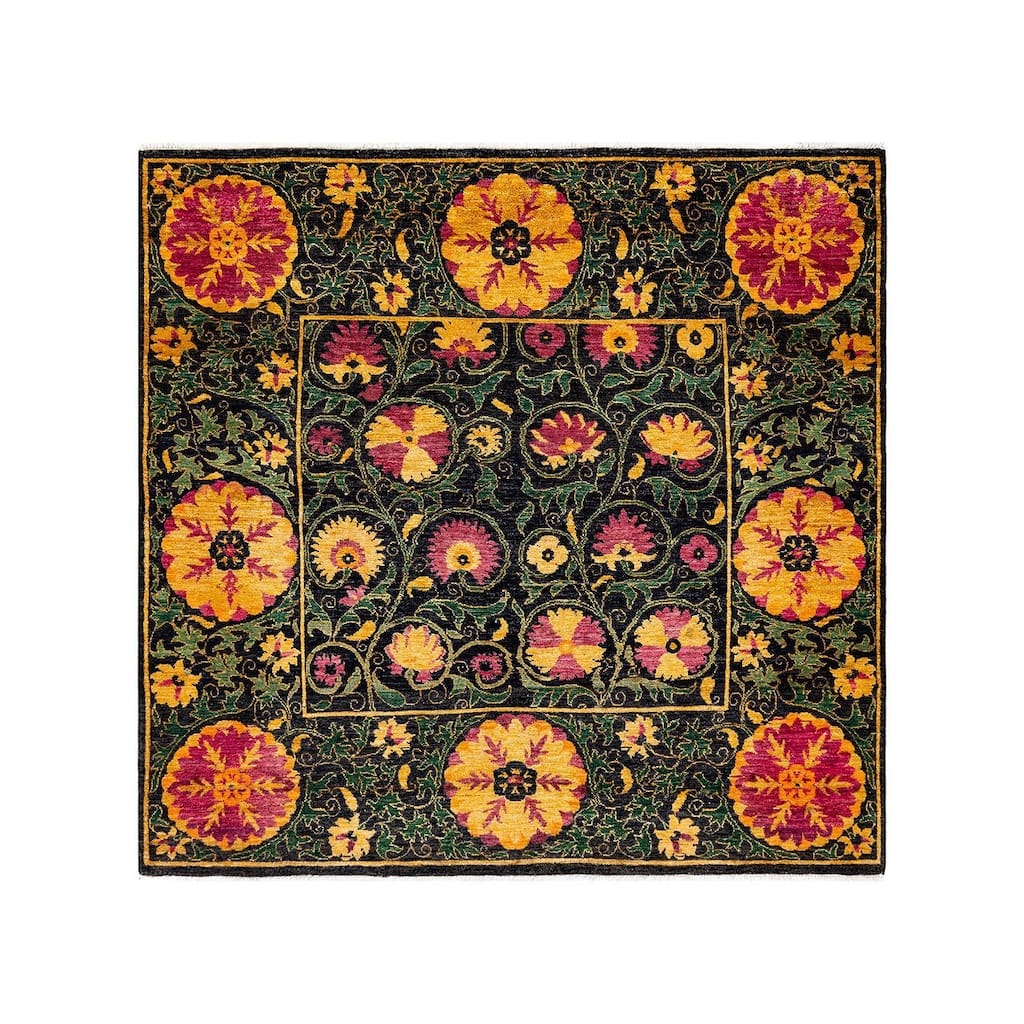 Overton Hand Knotted Wool Vintage Inspired Modern Contemporary Suzani Black Area Rug - 6' 1" x 6' 3"