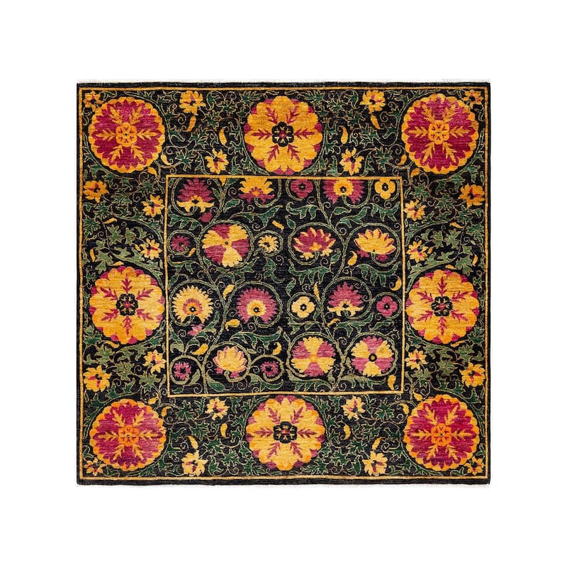 Overton Hand Knotted Wool Vintage Inspired Modern Contemporary Suzani Black Area Rug - 6' 1" x 6' 3"