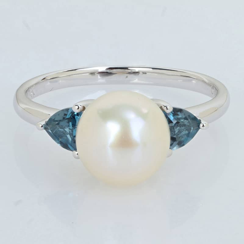 Miadora 8-8.5mm Cultured Freshwater Pearl 5/8ct TGW London Blue Topaz Ring 10k White Gold