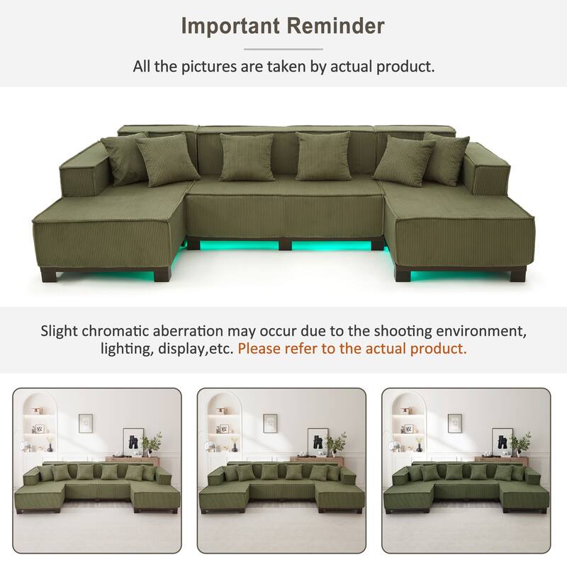Roomfitters 130 Inch Modern U-Shaped Sectional Sofa with RGB LED Lights and 6 Pillows, Corduroy