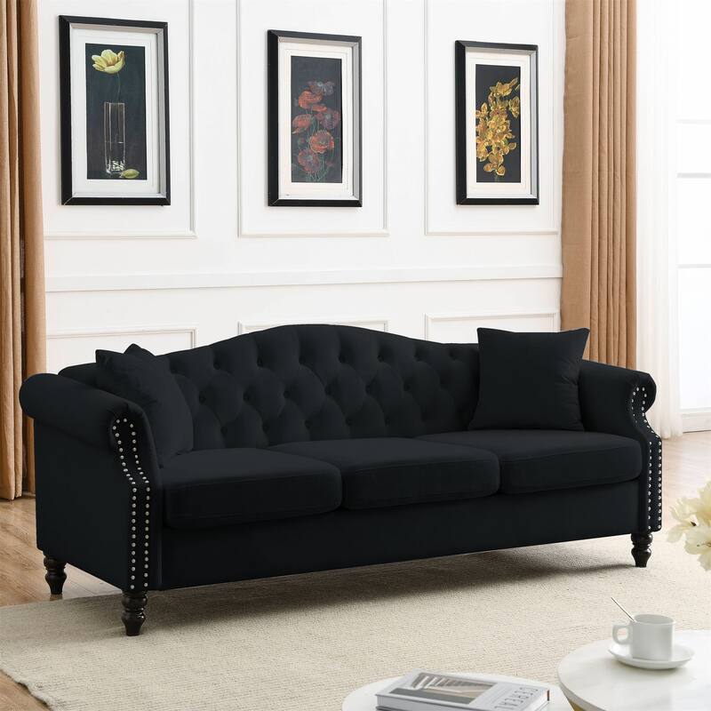Velvet Chesterfield Sofa with Rolled Arms and Nailhead
