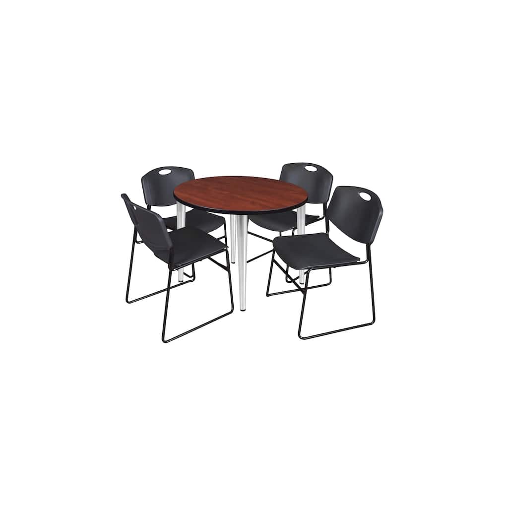 42 in. Round Breakroom Table- Cherry Top, Chrome Base & 4 Stack Chairs- Black