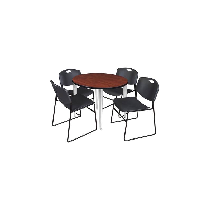 42 in. Round Breakroom Table- Cherry Top, Chrome Base & 4 Stack Chairs- Black