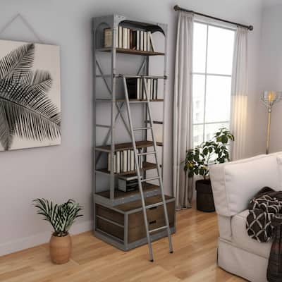 HomeRoots 32" Light Brown And Nickel Metal and Solid Wood Five Tier Library Bookcase with Two Drawers