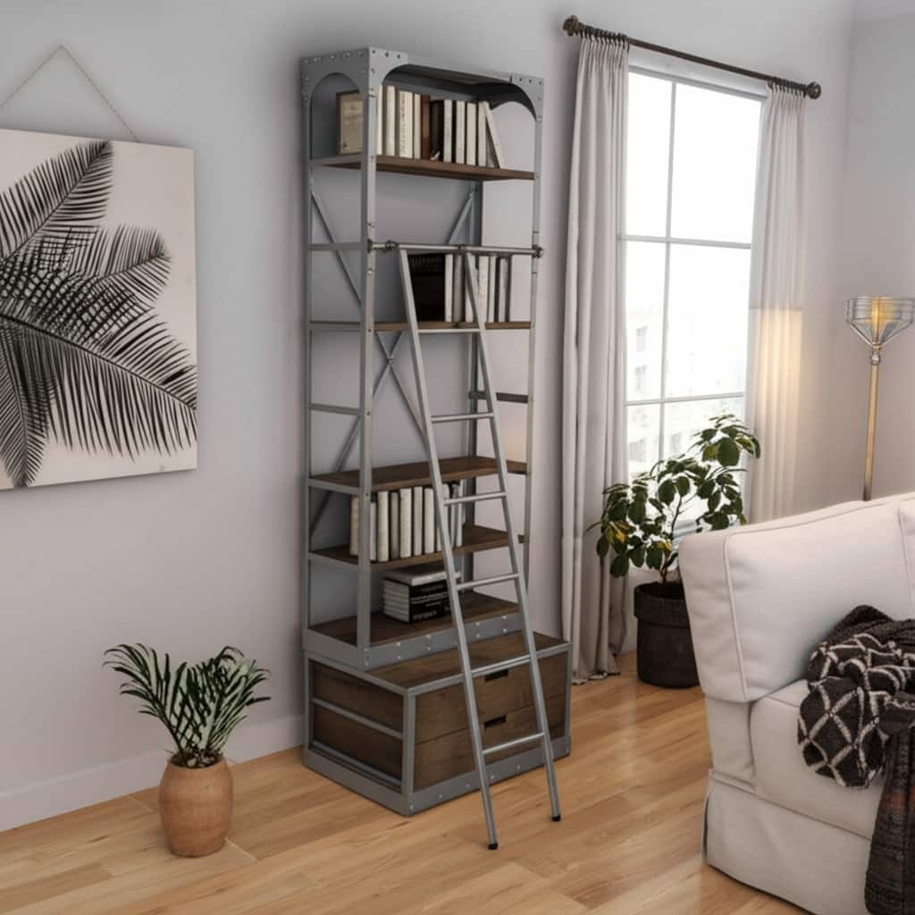 HomeRoots 32" Light Brown And Nickel Metal and Solid Wood Five Tier Library Bookcase with Two Drawers