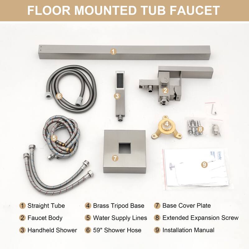 Freestanding Bathtub Faucet Waterfall Tub Filler Brushed Nickel Floor Mount Brass Bathroom Faucets with Hand Shower