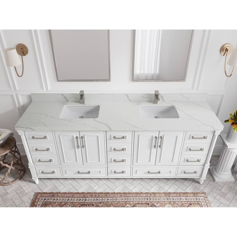Willow Collections 84 in. W x 22 in. D Aberdeen Double Bowl Sink Bathroom Vanity with Countertop - 2" Calacatta Laza - White