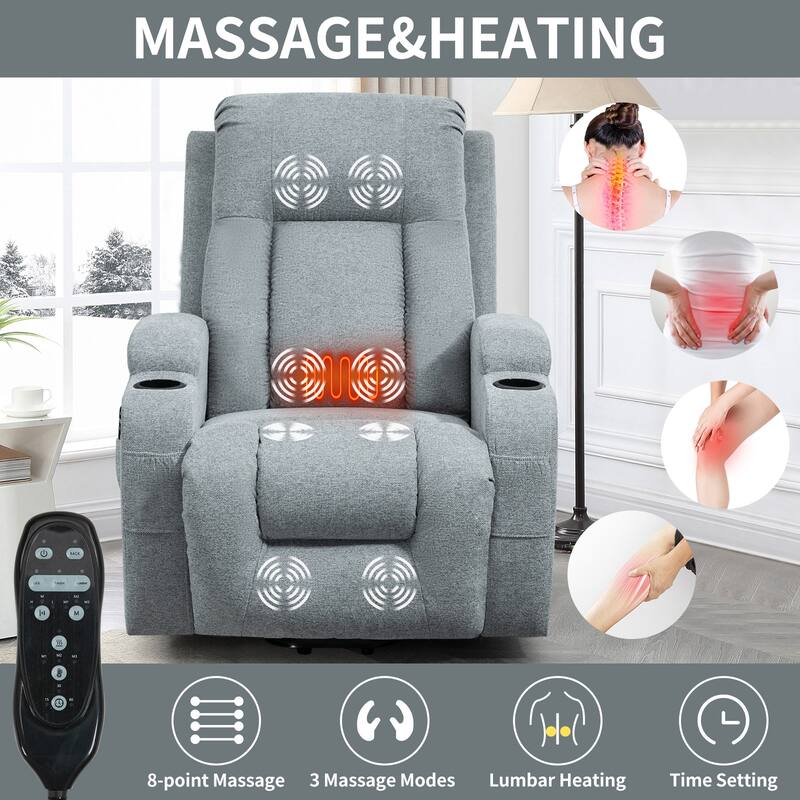 Grey Power Lift Recliner with Massage, Heat & Cup Holders