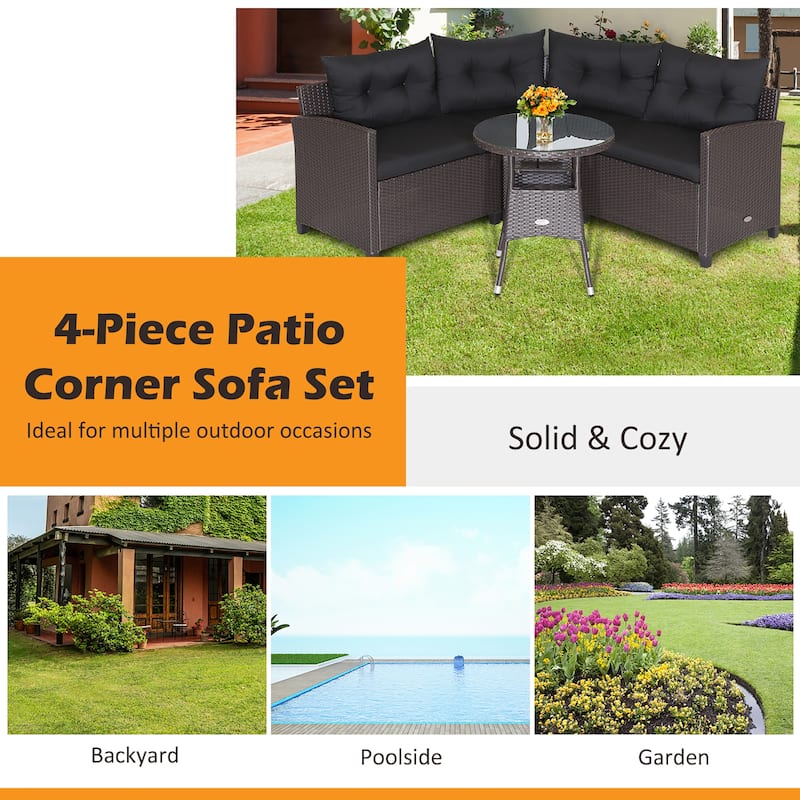 Costway 4PCS Patio Rattan Furniture Set Cushioned Sofa Glass Table - 49.5" x 23" x 29"