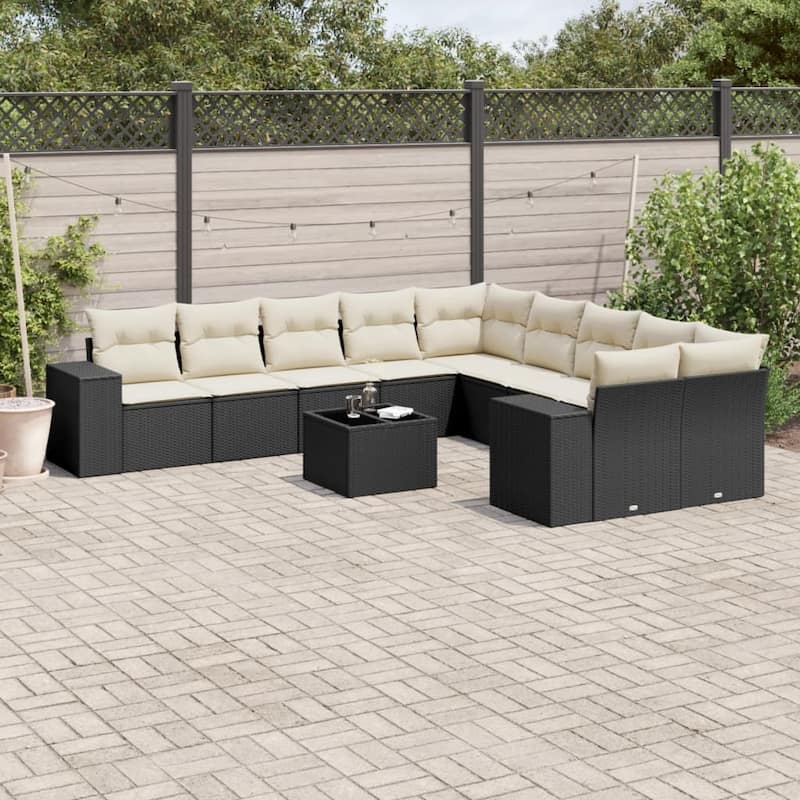 vidaXL Patio Sofa Set with Cushions Outdoor Conversation Furniture Poly Rattan - Black and cream without table - 21.7 x 21.7 x 14.6 in
