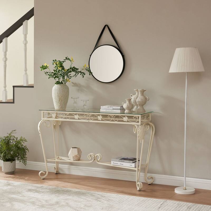 Mieres Console Table, 2-Tier Glass Entryway Table, Narrow Sofa Table with Shelves, Entry Console Table Metal with Storage
