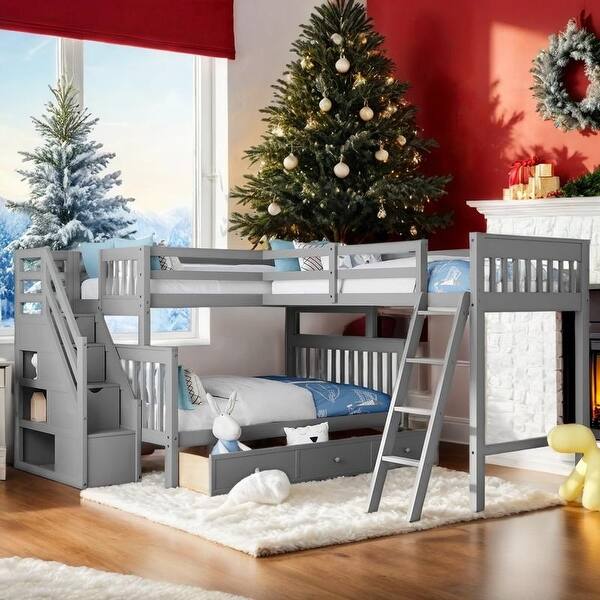 slide 2 of 34, Contemporary Design Twin over Full L-Shaped Bunk Bed With 3 Drawers, Ladder and Staircase, Maximized space Grey