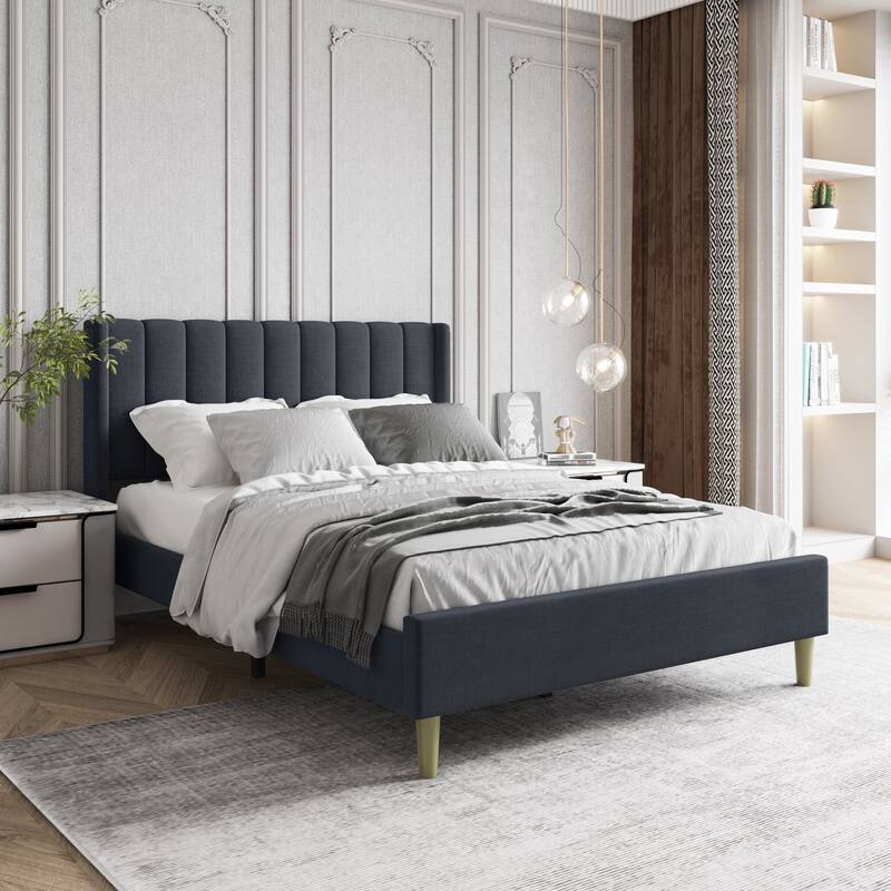 Aufank Bed Frame Upholstered Platform with Wooden Slats, Noise-Free