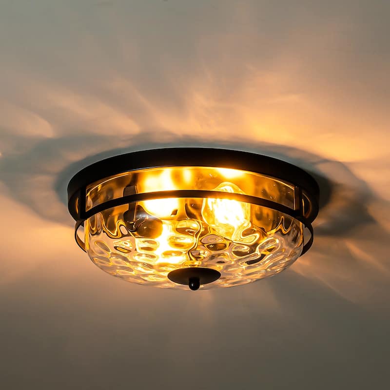 2-Light Modern Industrial Black Dome Clear Water Rippled Glass Flush Mount Ceiling Light - 12.9 in. W x 5.5 in. H