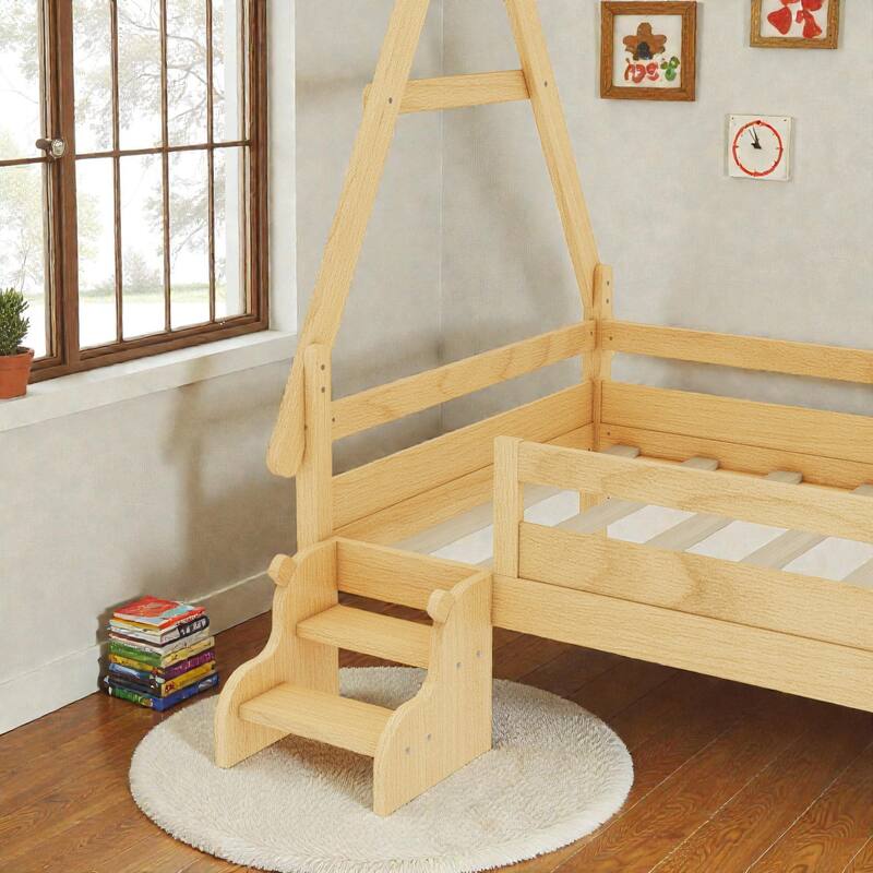 Twin/Full House Platform Bed with Stairs, Solid Wood Low Profile Kids Bed Frame, Fun Playhouse Design for Children